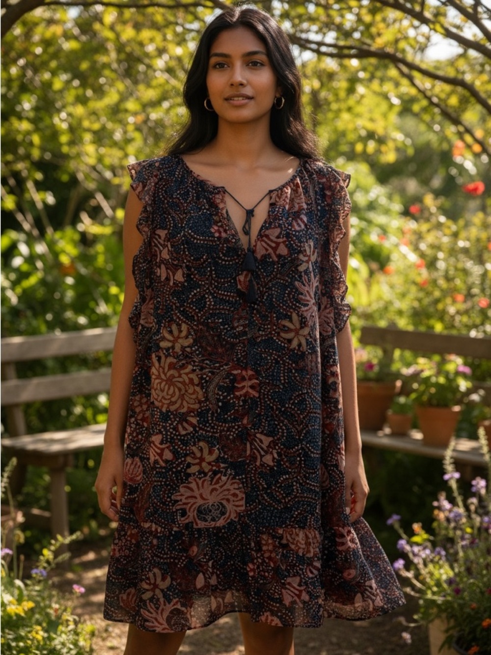 Madewell Boho‎ Floral Ruffle Navy Dress Size XL